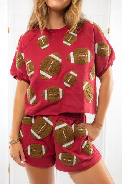 Queen Of Sparkles Fuzzy Football Top In Maroon In Multi
