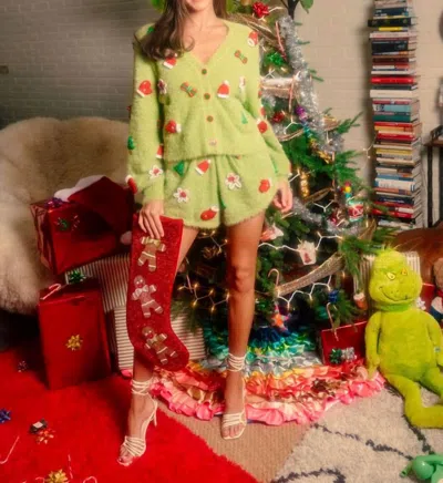 Queen Of Sparkles Fuzzy Knit Christmas Icon Cardigan In Green