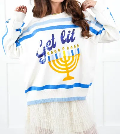 Queen Of Sparkles Get Lit Menorah Stripe Sweater In White