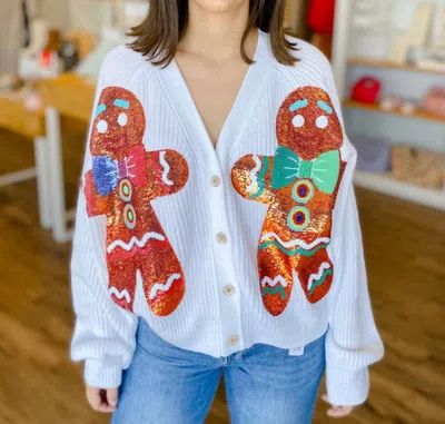 Queen Of Sparkles Gingerbread Cardigan In White In Blue