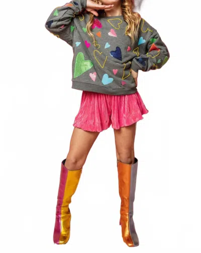 Queen Of Sparkles Girl's Groovy Hearts Sweatshirt In Grey In Gray