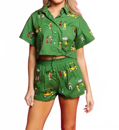 Queen Of Sparkles Golfing Girls Cotton Collar Top In Green