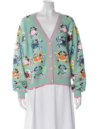 Pre-owned Queen Of Sparkles Graphic Print V-neck Sweater In Green