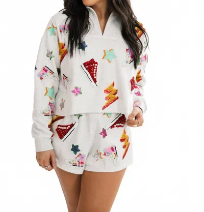 Queen Of Sparkles Graphic V-neck Sweatshirt In Sneaker & Lightning Bolt In White