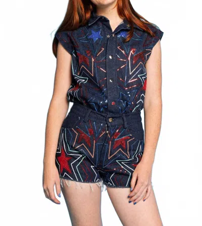 Queen Of Sparkles Groovy Star Romper In Denim