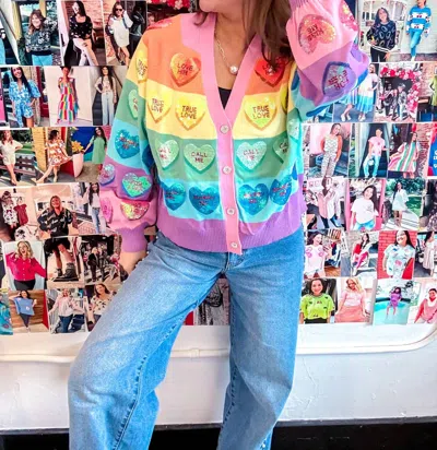 Queen Of Sparkles Heart Rainbow Striped Cardigan In Multi