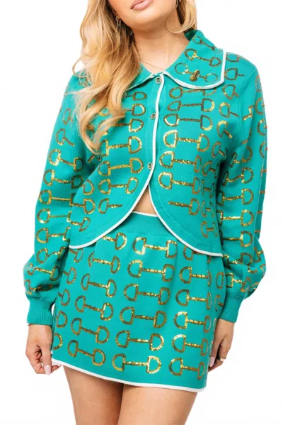 Queen Of Sparkles Horse Bit Button Up Knit Collar Sweater In Mint & Gold In Multi