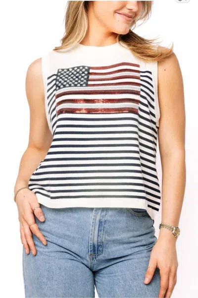 Queen Of Sparkles Knit American Flag Striped Tank Top In White Blue Stripe