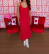 Queen Of Sparkles Knit Maxi Dress With Clear Iridescent All Over Rhinestones In Pink In Red