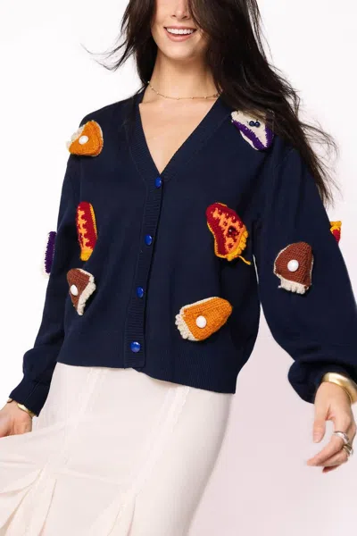 Queen Of Sparkles Knit Pies On Plate Long Sleeve Cardigan In Navy In Blue