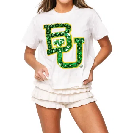 Queen Of Sparkles Licensed Baylor Mascot Sequin Flower Tee In White