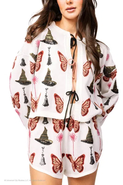 Queen Of Sparkles Licensed Butterfly, Broom, & Wand Tie Front Cardigan In White, Pink, & Green In Multi