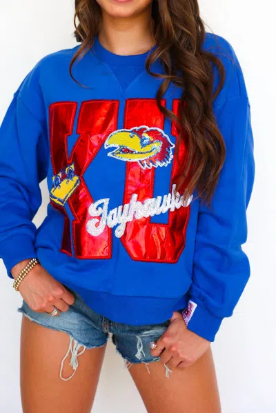 Queen Of Sparkles Licensed Kansas Metallic Word With Icons Sweatshirt In Blue