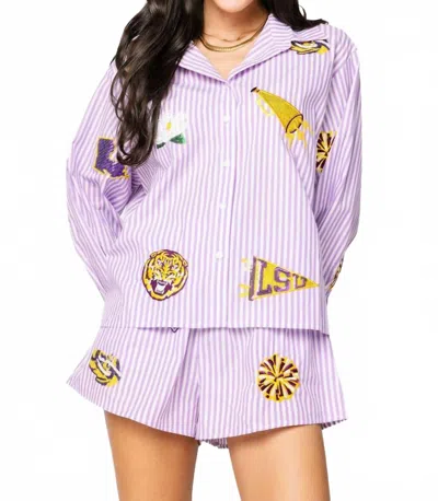 Queen Of Sparkles Licensed Lsu Mini Icon Striped Button Down Top In Purple