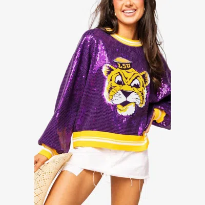 Queen Of Sparkles Lsu Full Sequin Mike Sweater In Bold Purple And Gold. In Multi