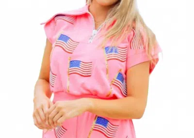 Queen Of Sparkles Metallic American Flag Collar Top In Hot Pink