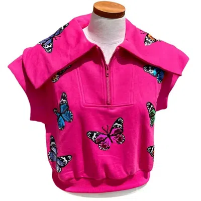 Queen Of Sparkles Multi Butterfly Collar Top In Hot Pink