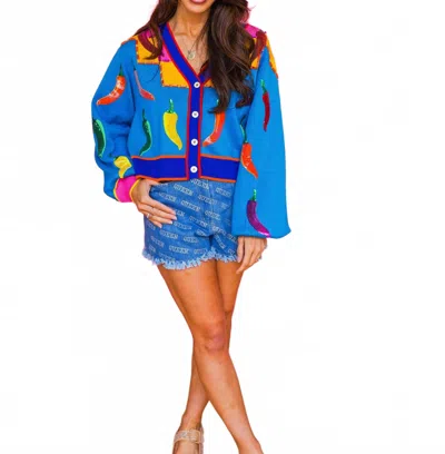 Queen Of Sparkles Multi Chili Pepper Cardigan In Royal Blue