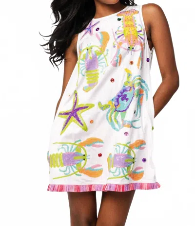 Queen Of Sparkles Multi Crab Starfish & Lobster Tank Fringe Dress In White