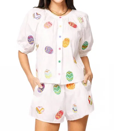 Queen Of Sparkles Multi Easter Egg Button Up Cotton Top In White