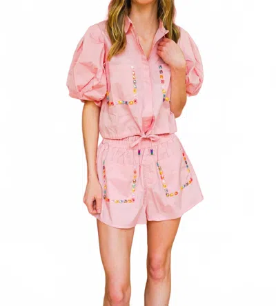 QUEEN OF SPARKLES MULTI JEWEL POCKET COTTON SHORT IN LIGHT PINK