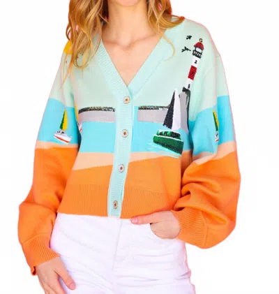 Queen Of Sparkles Multi Sail Boat & Light House Button Up Cardigan