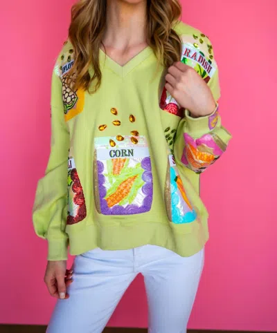 Queen Of Sparkles Multi Seed V Neck Sweatshirt In Green