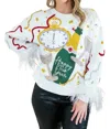 QUEEN OF SPARKLES OVERSIZED CHAMPAGNE POPPING FEATHER SWEATER IN WHITE