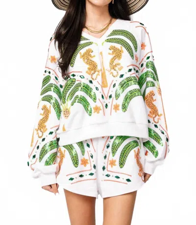 Queen Of Sparkles Palm Tree & Jaguar Short In White In Green