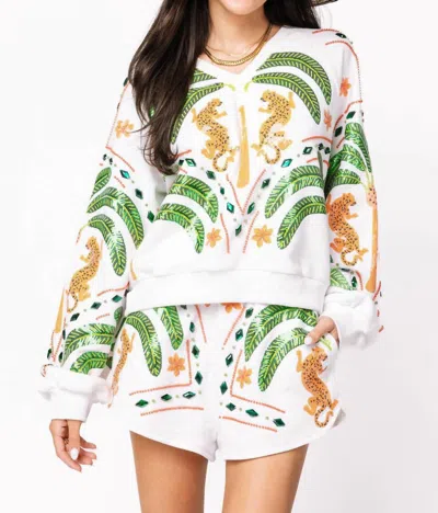 QUEEN OF SPARKLES PALM TREE & JAGUAR V NECK SWEATSHIRT IN WHITE
