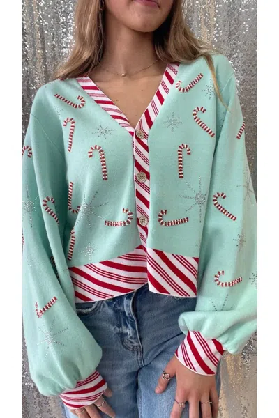 Queen Of Sparkles Peppermint Candy Cardigan In Green