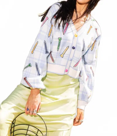 Queen Of Sparkles Plaid Golf Button Up Cardigan In Blue & White