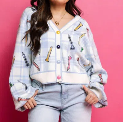 Queen Of Sparkles Plaid Golf Tee Button Up Cardigan In Blue