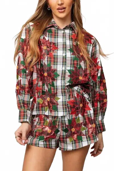 Queen Of Sparkles Plaid Poinsettia Blouse In Red, Green & White Plaid In Brown