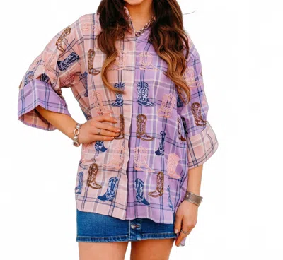 Queen Of Sparkles Plaid Scattered Cowboy Boot Button Up Tunic In Pink Purple