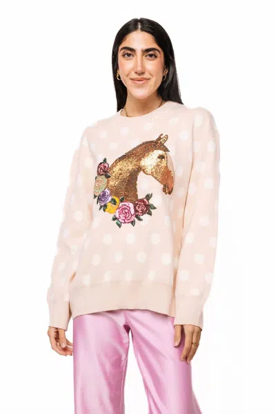 Queen Of Sparkles Polka Dot Horse With Rose Wreath Sweater In Tan In Pink