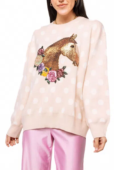 Queen Of Sparkles Polka Dot Horse With Rose Wreath Sweater In Tan In Pink