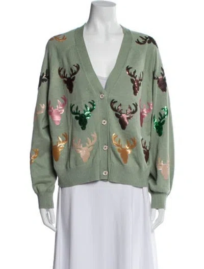 Pre-owned Queen Of Sparkles Printed V-neck Sweater In Green