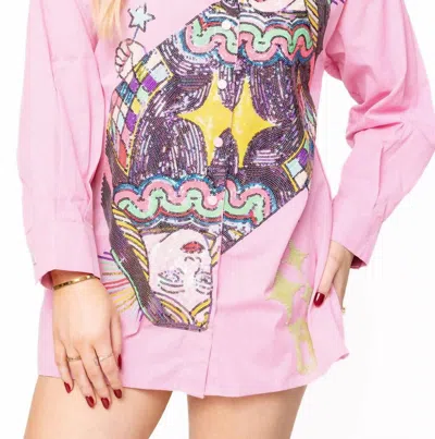 Queen Of Sparkles Queen Card Button Up Collar Tunic In Pink