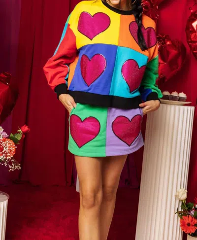 Queen Of Sparkles Rainbow Colorblock Rhinestone Heart Sweatshirt In Multi