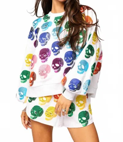 QUEEN OF SPARKLES RAINBOW SKULLS SWEATSHIRT IN WHITE