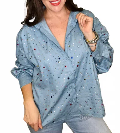 Queen Of Sparkles Rhinestone Button Up Collar Top In Chambray Multi In Blue