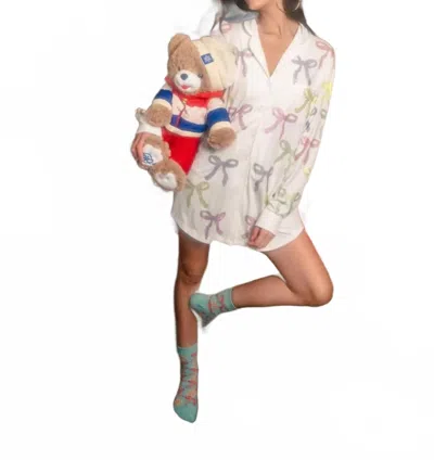 Queen Of Sparkles Rhinestone Rainbow Bow Pajama Top Dress In White Multi