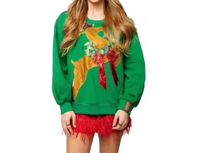 Queen Of Sparkles Rhinestone Rudolph Sweatshirt In Green In Multi