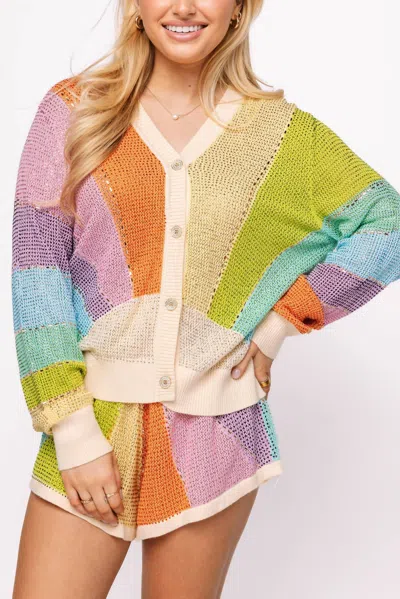 Queen Of Sparkles Rhinestone Sunshine Button Up Cardigan In Rainbow In Multi