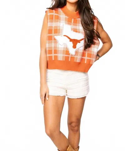 Queen Of Sparkles Round Neck Sweater Vest In Burnt Orange & White Plaid