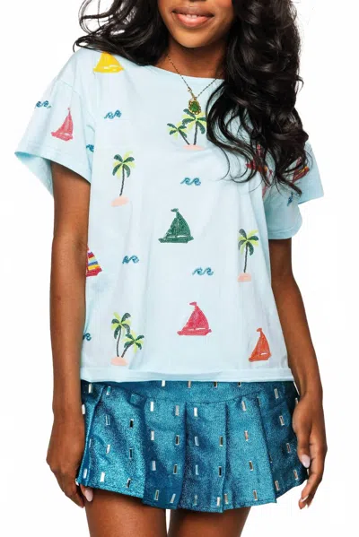 Queen Of Sparkles Sail Boat And Palm Tree Icon Tee In Aqua In Blue