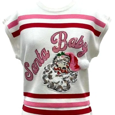 Queen Of Sparkles 'santa Baby' Fuzzy Santa Top In Red, Pink & White Stripe In Multi