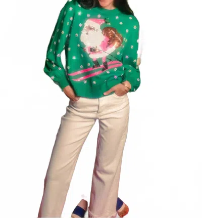 Queen Of Sparkles Santa Crewneck Sweatshirt In Green/neon Pink In Multi