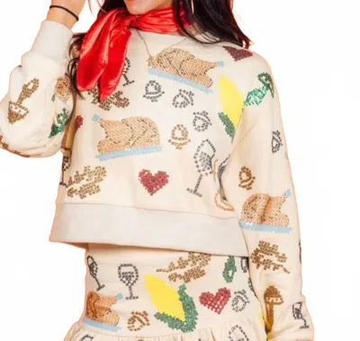 Queen Of Sparkles Scattered Needlepoint Turkey Dinner Cropped Sweatshirt In Tan In Multi